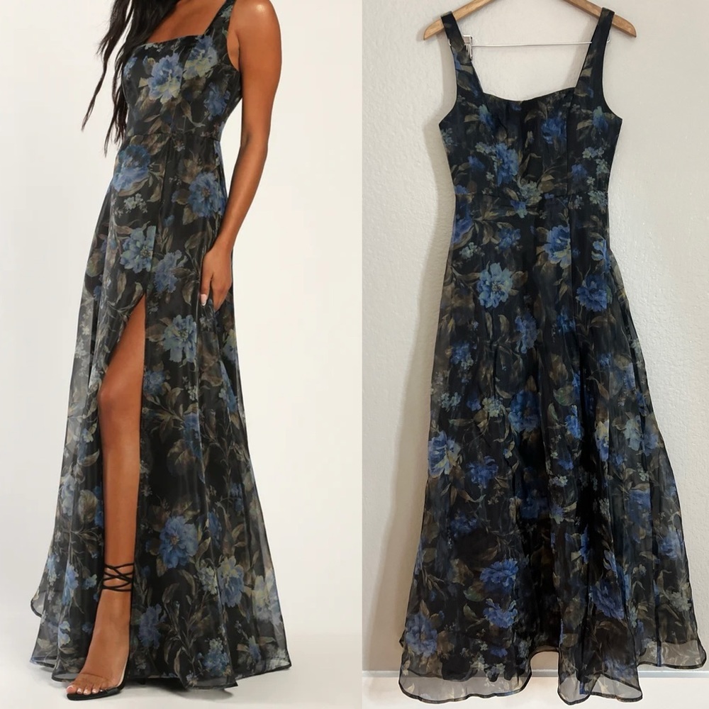NWOT Stunning Elegance Black Floral Print Organza Maxi Dress